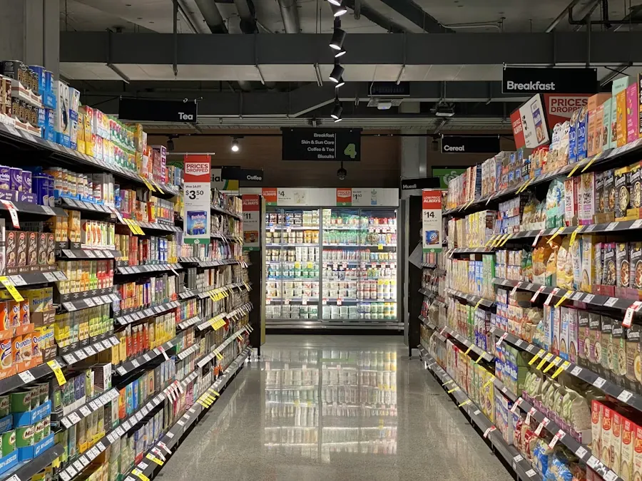 Convenience store shelves stocked with products